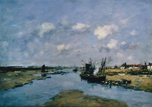 Lacanche ved lavvann, Etaples (olje på lerret) av Eugene Louis Boudin