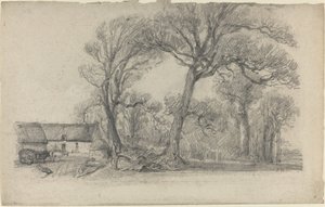 Landskap med trær, hytte og gårdsvogn, ca. 1858. av Eugene Louis Boudin