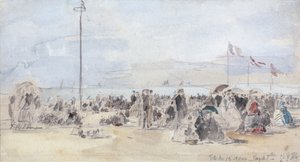 People on the Beach, Trouville, 1866 (wc og grafitt på papir) av Eugene Louis Boudin