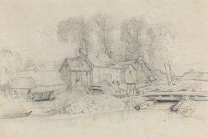 Elvelandskap med bygninger, båter og figurer, ca. 1858. av Eugene Louis Boudin