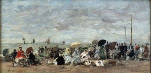 Scene på stranden i Trouville av Eugene Louis Boudin