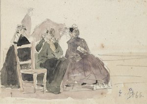 Tre kvinner sittende på stoler på en strand, sent på 1800-tallet av Eugene Louis Boudin
