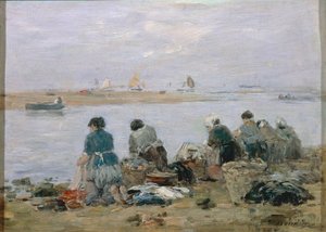 Vaskekvinner på bredden av elven Touques nær Trouville, av Eugene Boudin, maleri av Eugene Louis Boudin