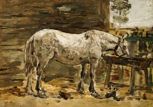 Hvit hest ved drikketrauet, ca. 1885-90 av Eugene Louis Boudin