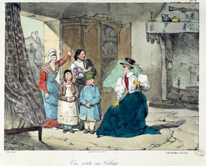 Et besøk i landsbyen. En rik kvinne besøker en fattig familie. Illustrasjon av boken "La vie de chateau"". Gravering av Eugene Louis Lami (1800-1890) av Eugene Louis Lami