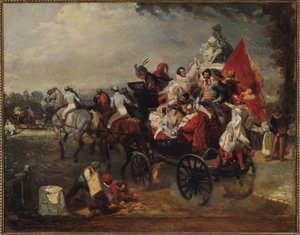 Vogn med menn og kvinner i kostyme på Champs-Elysees, 1834 av Eugene Louis Lami