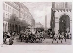Cortege av en ambassadør på Place de la Bourse ved ankomst til Paris. Gravering av Eugene Louis Lami (1800-1890) 1843 Privat samling av Eugene Louis Lami