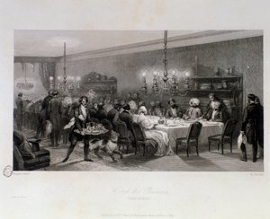 Middag på table d'hotes "" Hotel des princes"" i Paris. Gravering av Eugene Louis Lami (1800-1890) 1843 Privat samling av Eugene Louis Lami