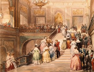 King Louis Philippe I (1773 - 1850) and Queen Marie Amélie de Bourbon (1782 - 1866) received the guests on the occasion of the inauguration of the Museum of Versailles in 1837. Illustration by Eugène Lami (1800 - 1890).