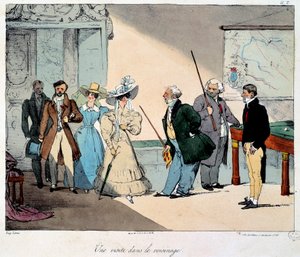 Livet på slottet: et besøk i nabolaget. Litografi av en tegning av Eugene Louis Lami (1800-1890) 1828 Paris, Musee Carnavalet av Eugene Louis Lami