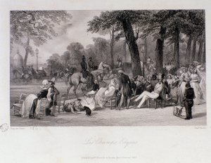 Passasjerer og turgåere på Champs Elysees (Champs-Elysees) i Paris. Gravering av Eugene Louis Lami (1800-1890) 1841 Privat samling av Eugene Louis Lami