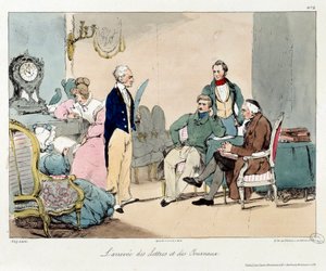 Ankomsten av brev og aviser. Illustrasjon av boken "La vie de chateau"". Gravering av Eugene Louis Lami (1800-1890) av Eugene Louis Lami