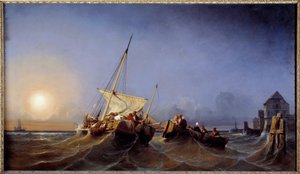 Fiskernes retur til solnedgangen Maleri av Eugene Lepoittevin (1806-1870) 1835 Brest, Musee des Beaux Arts