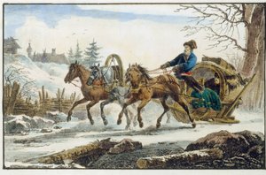 Hestesleden, med ly for reisende. (Troika Kibitka). Verk av Eugene Pluchard (1809-1880), litografi og akvarell