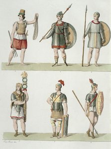 Roman Soldiers, detalj fra plate 2, klasse 5 i del I av The History of the Nations, gravert av Buttazon aquatint se også 93289 av Eugenio Bosa