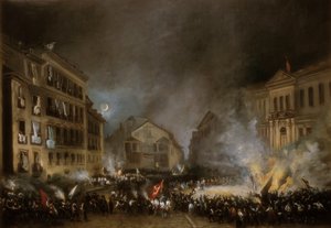 Episode av revolusjonen i 1854 i Puerta del Sol i Madrid. Maleri av Eugenio LUCAS VELAZQUEZ