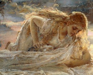 Magdalena som kysser Kristi føtter når han blir tatt ned fra korset, detalj fra Kristus og Maria Magdalena av Eugenio Prati