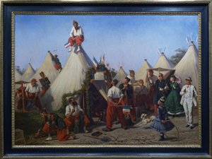 Infanteri-sappere forbereder kantonementet sitt til keiserens fest av Eugène Bellange