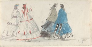 Fire damer i Crinolines går på Trouville av Eugène Boudin