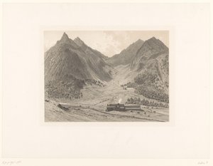 Fjelllandskap med hus i alpin eng av Eugène Cicéri (attributed to)