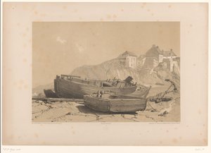 Steinete kyst med båter og fiskevær av Eugène Cicéri (attributed to)