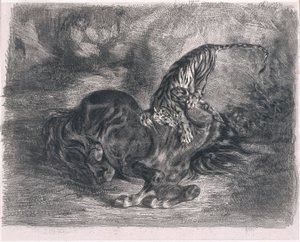 Villhest truffet av en tiger av Ferdinand Victor Eugene Delacroix
