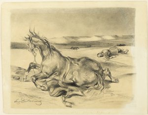 Fallen Horse and Dead Knight   1300771   no       norwegian Successfully Translated  Original: Camp Scene with Bugler and Farriers Booth, 17th century Translat: 