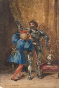 Goetz von Berlichingen blir kledd i rustning av Hans Page George, 1826-27. av Eugène Delacroix