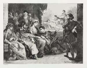 Hamlet: Hamlet befaler skuespillerne å gjøre en scene fra farens forgiftning av Eugène Delacroix