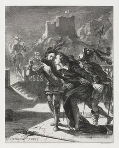 Hamlet: Hamlet skynder seg å følge sin fars ånd av Eugène Delacroix