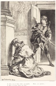 Hamlet er fristet til å drepe kongen (Act III, Scene III) av Eugène Delacroix