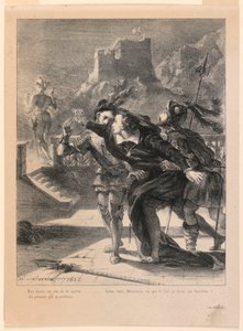 Illustrasjon for Hamlet: Hamlet prøver å følge sin fars ånd (I,4) av Eugène Delacroix