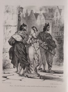 Illustrasjoner for Faust: Faust søker å lokke Marguerite av Eugène Delacroix