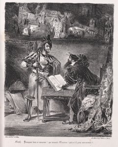 Illustrasjoner for Faust: Mephistopheles besøker Faust av Eugène Delacroix