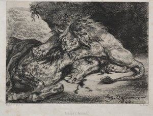 Løve som sluker en hest av Eugène Delacroix