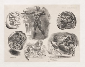 Ark med seks antikke mynter av Eugène Delacroix