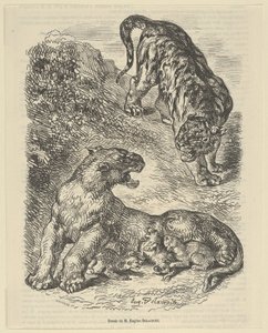 Tigress angrepet av en tiger mens hun ammer hennes unge, 1853., 1853. av Eugène Delacroix
