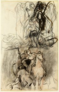 To skisser; Bevæpnede ryttere og figur på bakken av Eugène Delacroix