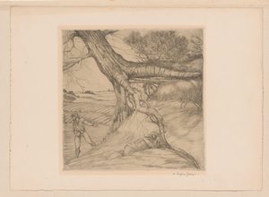 Såmann og liggende figur med foldede hender i et landskap av Eugène Joors (signed by artist)