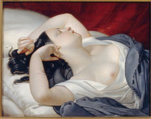 Sovende italiensk kvinne. Vakker kvinne med lukkede øyne og avdekket bryst, sover illevarslende på sengekanten. Maleri av Eugene Pluchart (1809-1880), olje på lerret, cirka 1840. Fransk kunst