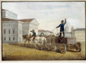 Transport av granittblokker til teaterplassen i St. Petersburg. Verk av Eugene Pluchart (1809-1880), akvarell på litografi