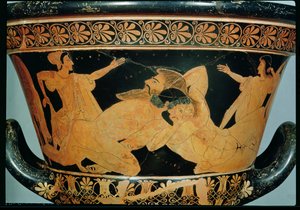 Attic rød-figur calyx-krater som viser Herakles som bryter med Antaeus, fra Cervetri, ca. 510 f.Kr. (keramikk) (se også 92569)