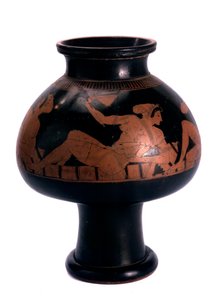 Psyktervinkjøler med rød figur med symposiumscene, gammelgresk, c505-c500 f.Kr.
