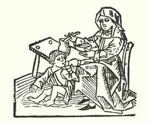 1400-talls sykepleier og barn (gravering) av European School