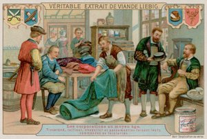 En vever, skredder, hattemaker og flettemaker gir ordrene sine til en farger av European School