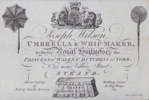 Annonse for Joseph Wilson, paraply- og piskmaker, London (gravering) av European School