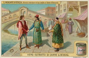Antonio griper inn på Bassanios vegne med Shylock av European School