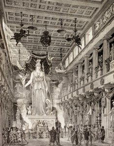 Kunstnerinntrykk av statuen av gudinnen Athena i Parthenon, Athen, under den klassiske perioden, fra 