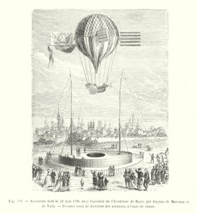 Oppstigning utført 12. juni 1784 med aerostaten til Academy of Dijon, av Guyton de Morveau og de Virly, Første test av retning av aerostater, ved bruk av årer (gravering) av European School