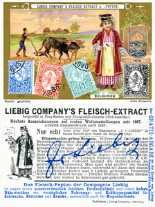 Bulgarske frimerker, foran og på baksiden av et Liebig-kampanjekort, 1897 av European School